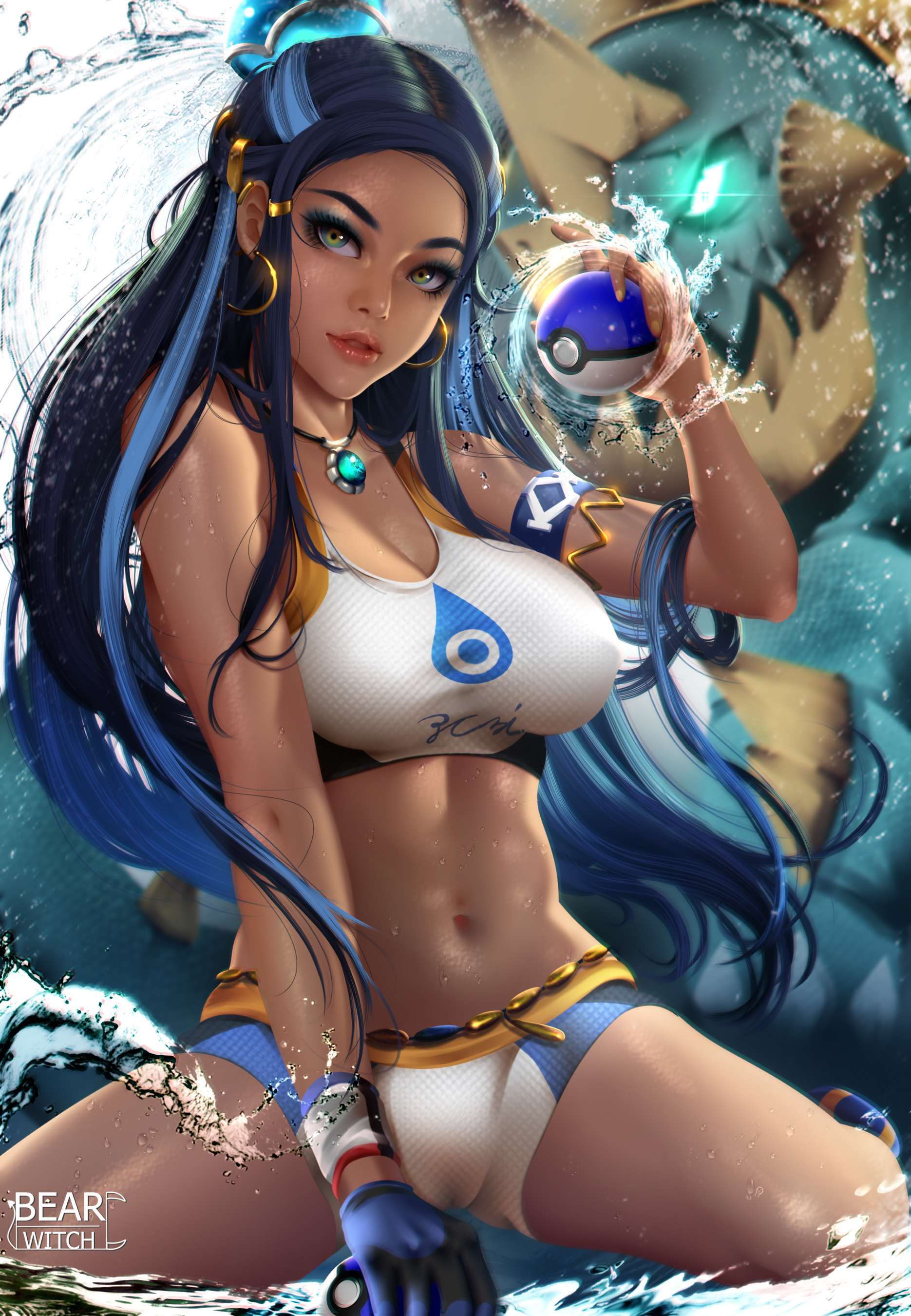 1girls, abs, bearwitch, breasts, cleavage, dark skin, dark-skinned female, female, looking at viewer, nessa (pokemon), pokemon, pokemon ss, realistic, solo focus