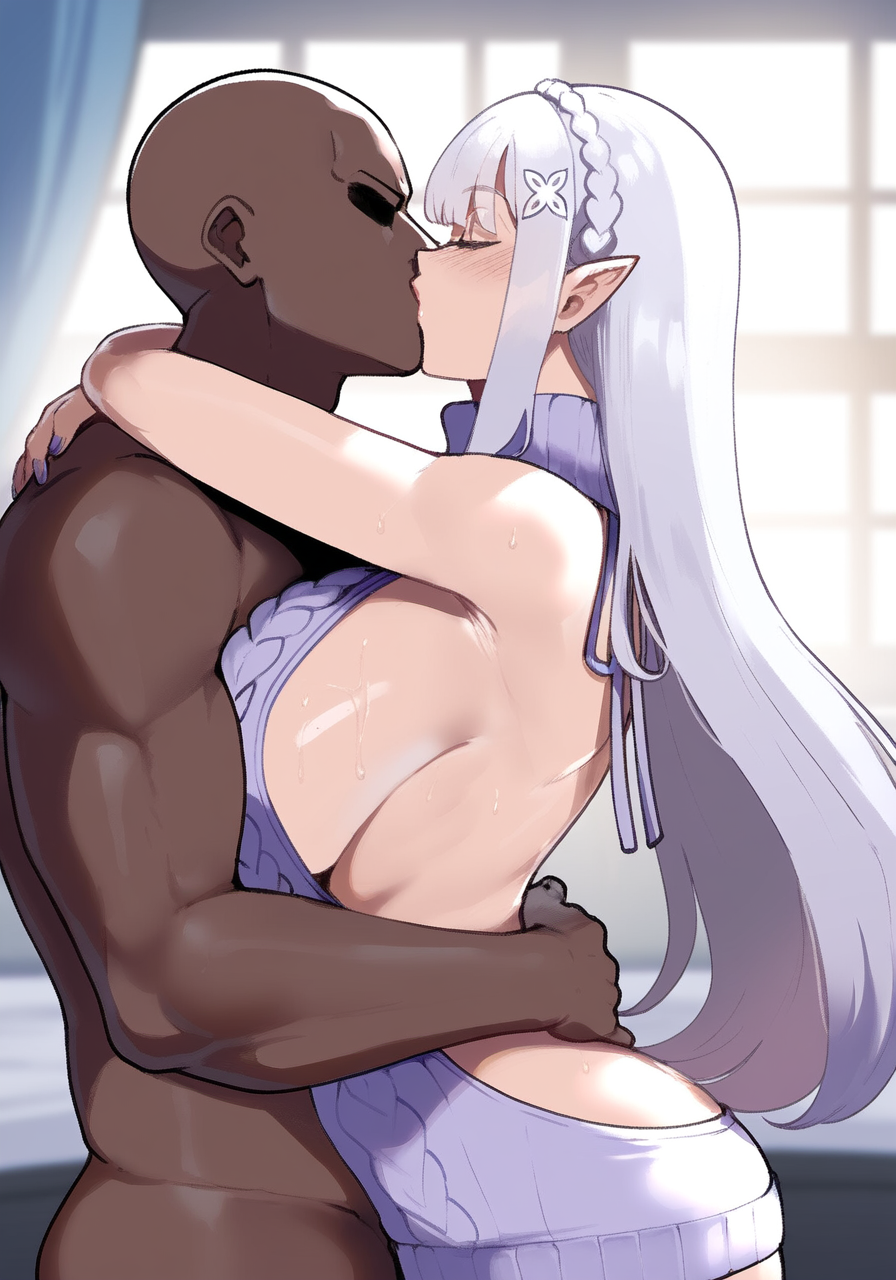 1boy 1boy1girl 1girl ai_generated ass bald_male bedroom big_breasts closed_eyes clothed_female_nude_male dark-skinned_male dat dat_ass elf elf_ears elf_female emilia_(re:zero) faceless_male fat_ass female holding_each_other interracial kissing large_ass large_breasts light-skinned_female long_hair pawg purple_eyes re:zero_kara_hajimeru_isekai_seikatsu standing sweat thick thick_ass thick_thighs virgin_killer_sweater white_hair wide_hips yojorock