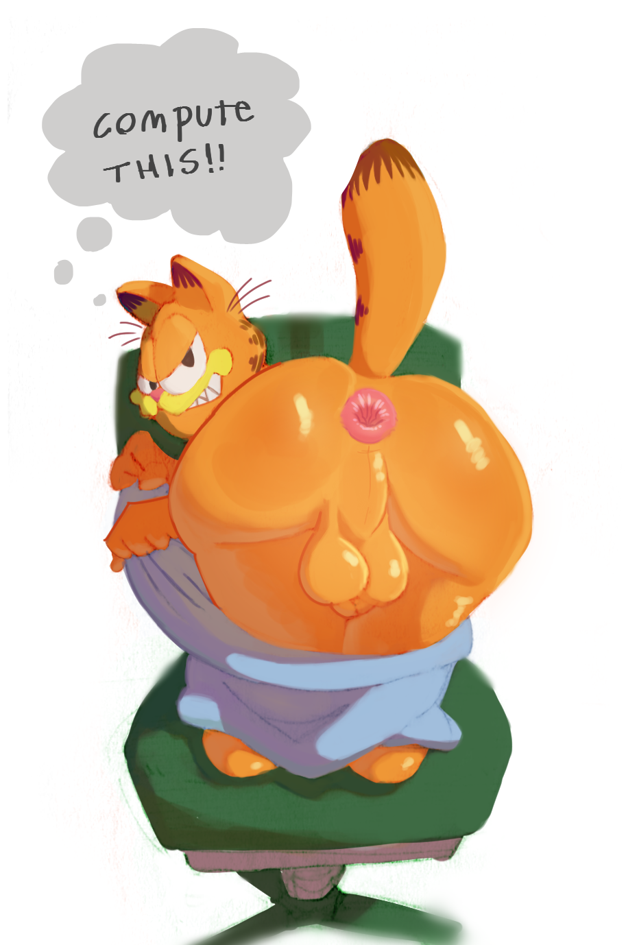 1boy angry anthro anus backsack bending_over big_ass big_balls blanket butt_focus chair chubby dialogue feline flashing furry garfield_(series) garfield_the_cat looking_at_viewer looking_back male male_only mooning orange_fur pink_anus sevokin sharp_teeth showing_off striped_tail