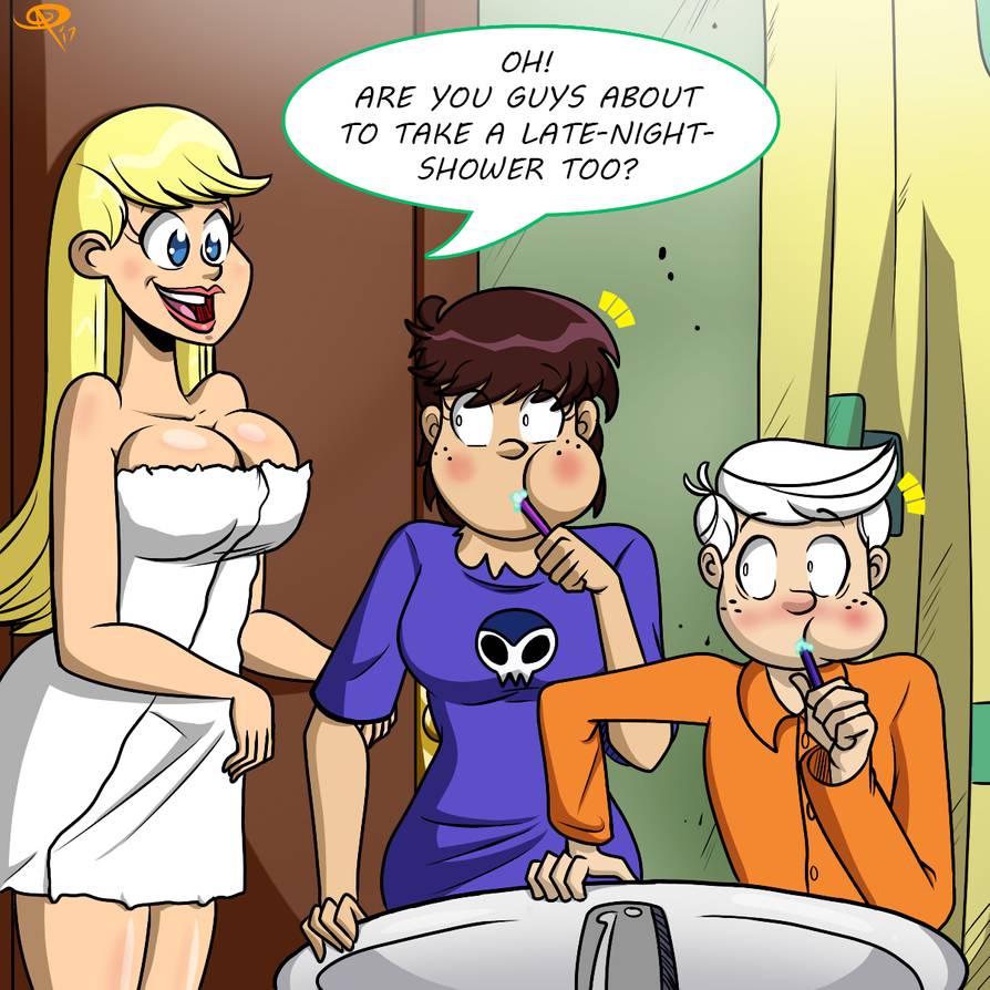 1boy, 2girls, big breasts, blonde female, blonde hair, breasts, brown hair, brunette hair, brushing teeth, cartoon character, clothing, english text, female, frostbiteboi, huge breasts, leni loud, light skin, light-skinned female, light-skinned male, lincoln loud, luna loud, male, shower, straight hair, surprised, teenage girl, text, the loud house, toothbrush, towel, white hair, white-haired male