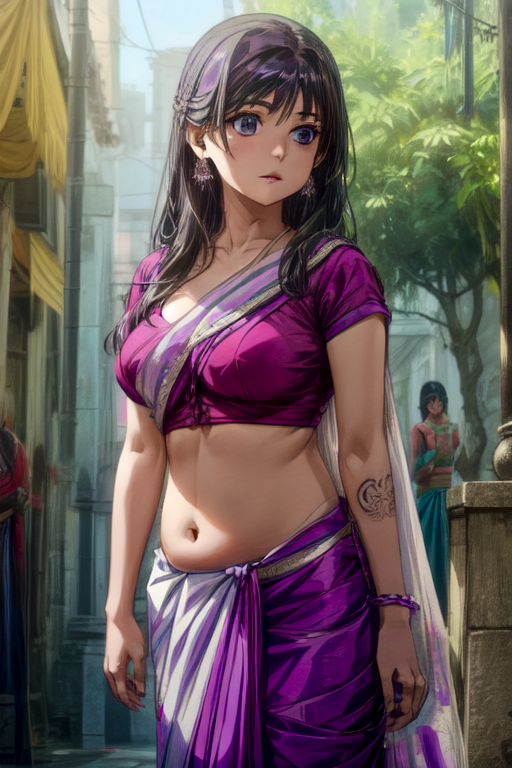 1girls ai_generated belly_button black_hair exposed_torso large_breasts light-skinned_female light_skin long_hair mature_female metal264 midriff navel red6161 saree sari