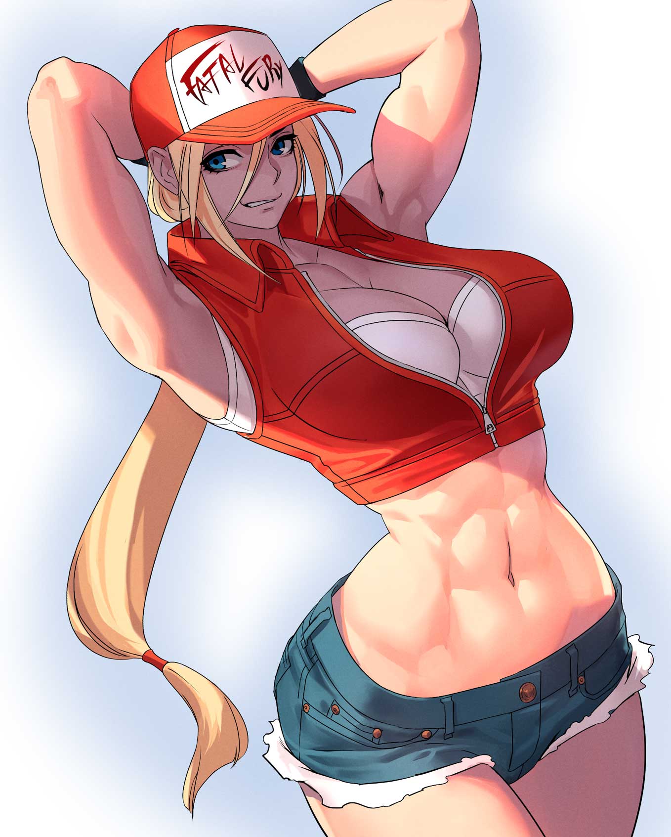 1girls abs baseball_cap blonde_hair blue_eyes canon_genderswap cleavage crop_top fatal_fury female female_only fully_clothed genderswap_(mtf) hands_behind_head hotpants long_hair midriff muscular_female ogami ponytail rule_63 shorts snk snk_heroines:_tag_team_frenzy solo terry_(snk_heroines:_tag_team_frenzy) terry_bogard