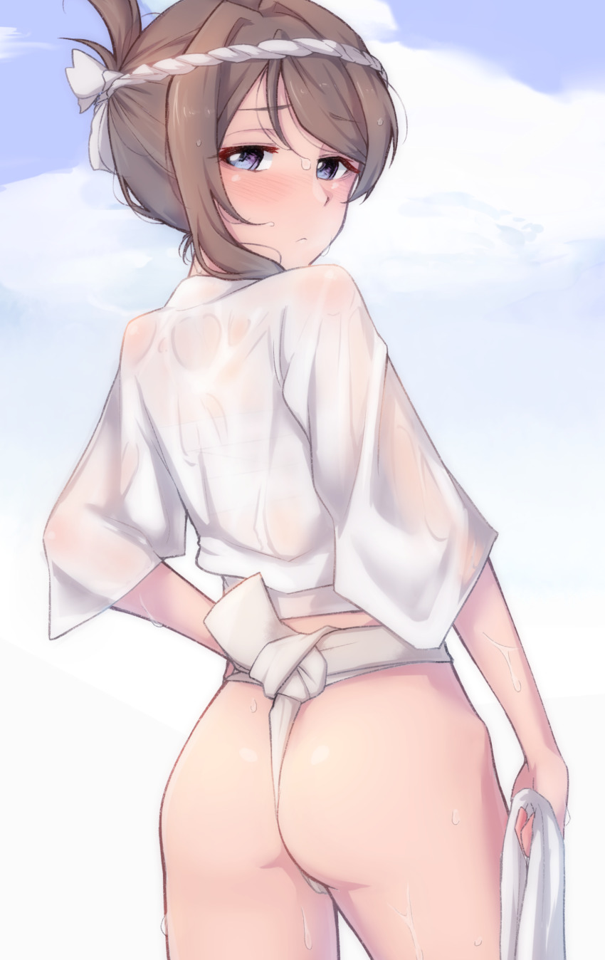 1girl 1girls ass big_ass big_butt bubble_ass bubble_butt butt fundoshi happi_(clothing) japanese_clothes love_live! love_live!_sunshine!! no_pants panties traditional_clothes underwear undies watanabe_you wet wet_body white_fundoshi white_panties white_underwear