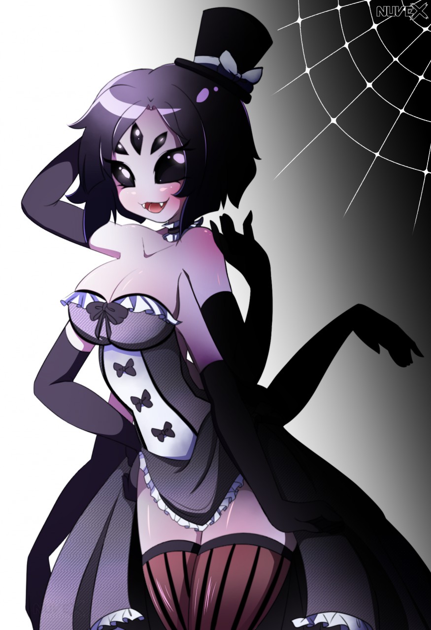 2018 5_eyes big_breasts burlesque clothed clothing female hat looking_at_viewer monster_girl muffet nuvex ribbon ribbons sleeves spider_girl spider_web thick_thighs undertale undertale_(series)