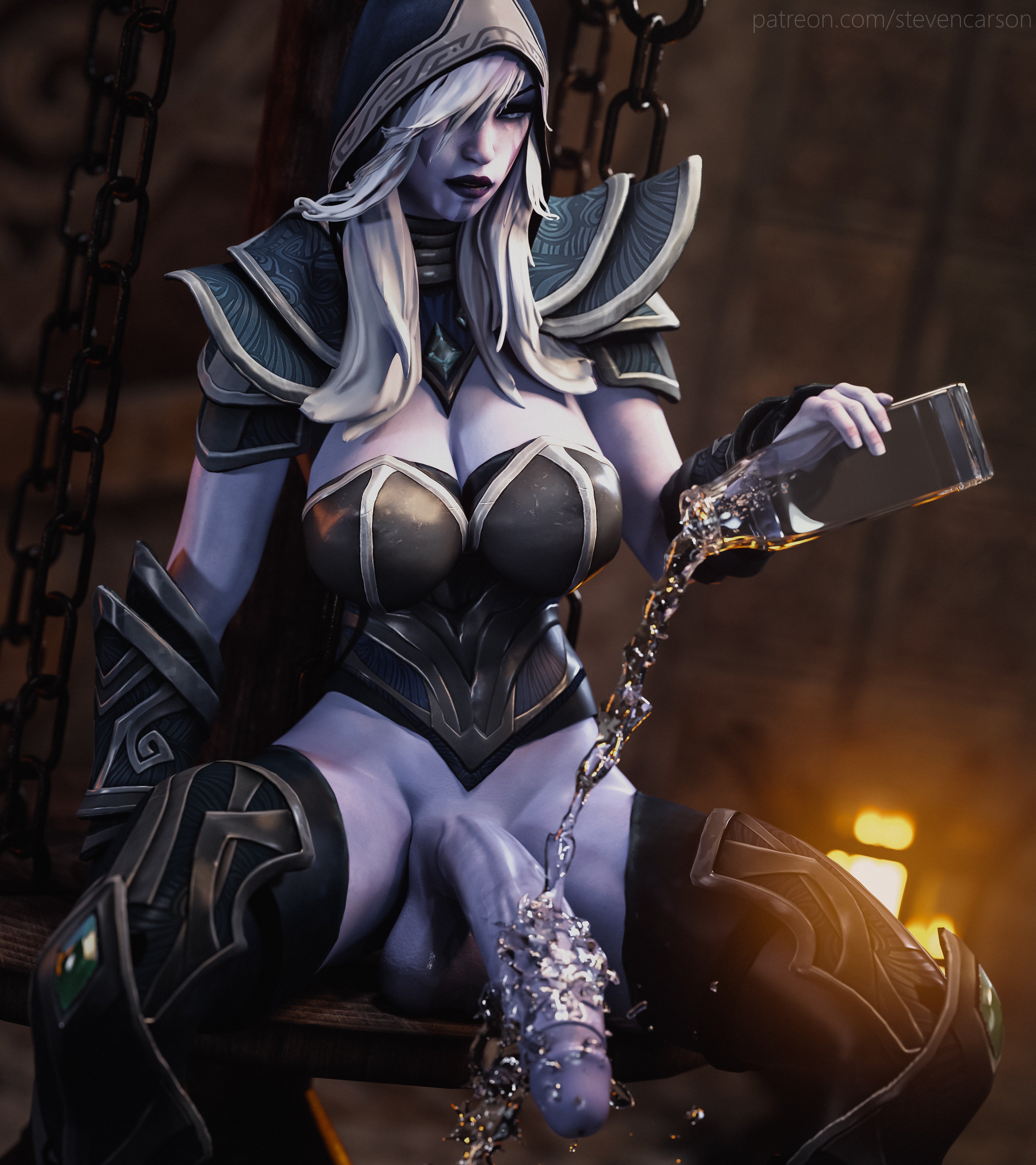 1futa, 3d, absurdres, armor, balls, bottomless, breasts, cleavage, curvy, dark skin, dark-skinned futa, dota 2, drow ranger, futa only, futanari, half-erect, highres, huge breasts, huge cock, huge penis, intersex, large balls, penis, realistic, sagging balls, solo, solo futa, stevencarson, testicles, wide hips