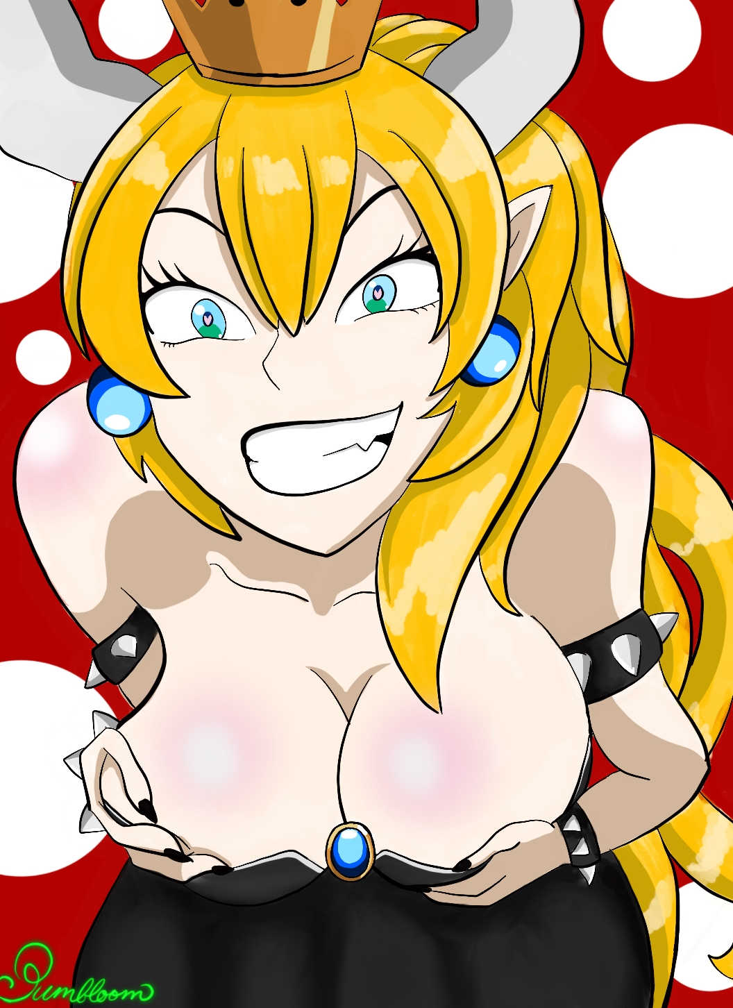 1female 1females 1girl 1girls 1woman 1women armlet arms artist_name artist_request black_armlet black_armwear black_collar black_cuffs black_dress black_nail_polish black_nails black_pupil black_pupils black_wrist_cuffs blonde_hair blue_earring blue_earrings blue_eyes body_blush bowsette breasts breasts_focus clenched_teeth collar crown cuffs cupping_boobies cupping_boobs cupping_breasts cupping_hands cupping_knockers dress ear earrings eyebrows eyelashes female female_focus female_only gold_(metal) gold_crown gray_trim green_eyes grey_trim grin hands hands_on_own_breasts heart heart-shaped_pupils horns huge_boobies huge_boobs huge_breasts huge_knockers knockers light-skinned_female light_skin long_eyebrows long_eyelashes lower_teeth mario_(series) mega_milk_(meme) mistrespumbloom new_super_mario_bros._u_deluxe original_character pierced_ears piercing piercings pixiv pixiv_commission pixiv_username png png_conversion png_file pointy_ears ponytail red_background redden_boobies redden_boobs redden_breasts redden_knockers redden_shoulders sharp_nail sharp_nails sharp_teeth shiny shiny_boobies shiny_boobs shiny_breasts shiny_clothes shiny_dress shiny_hair shiny_knockers shiny_skin shoulders smile studded_armlet studded_bracelet studded_collar super_mario_bros. teeth thick_boobies thick_boobs thick_breasts thick_eyebrows thick_eyelashes thick_knockers thin_eyebrows two_tone_background two_tone_eyes upper_teeth white_polka_dots wrist_cuff