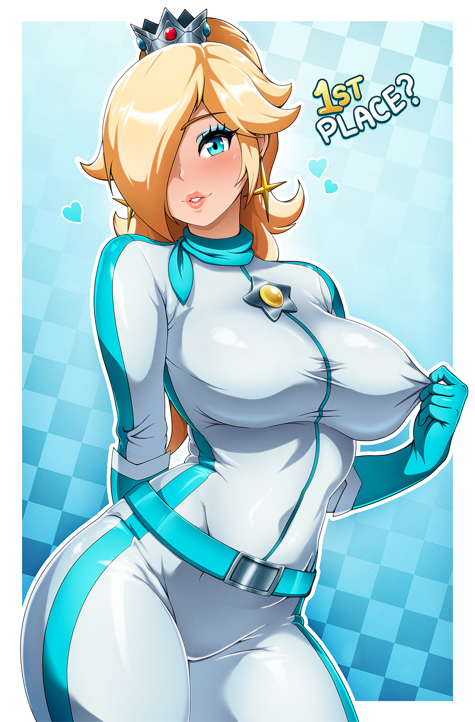 alternate hairstyle, arm behind back, biker clothes, bikesuit, blonde hair, blue eyes, blue heart (symbol), blush, bodysuit, covered navel, crown, english text, female, female only, gloves, heart, highres, legs, long hair, looking at viewer, makeup, mario (series), mario kart, nintendo, nipple stimulation, nipple tweak, parted lips, pink lips, ponytail, princess, princess rosalina, princess rosalina (aero), pulling own clothes, rosalina, seductive gaze, seductive smile, smile, solo, sonicbluespeed, teeth, text, thick thighs, thighs