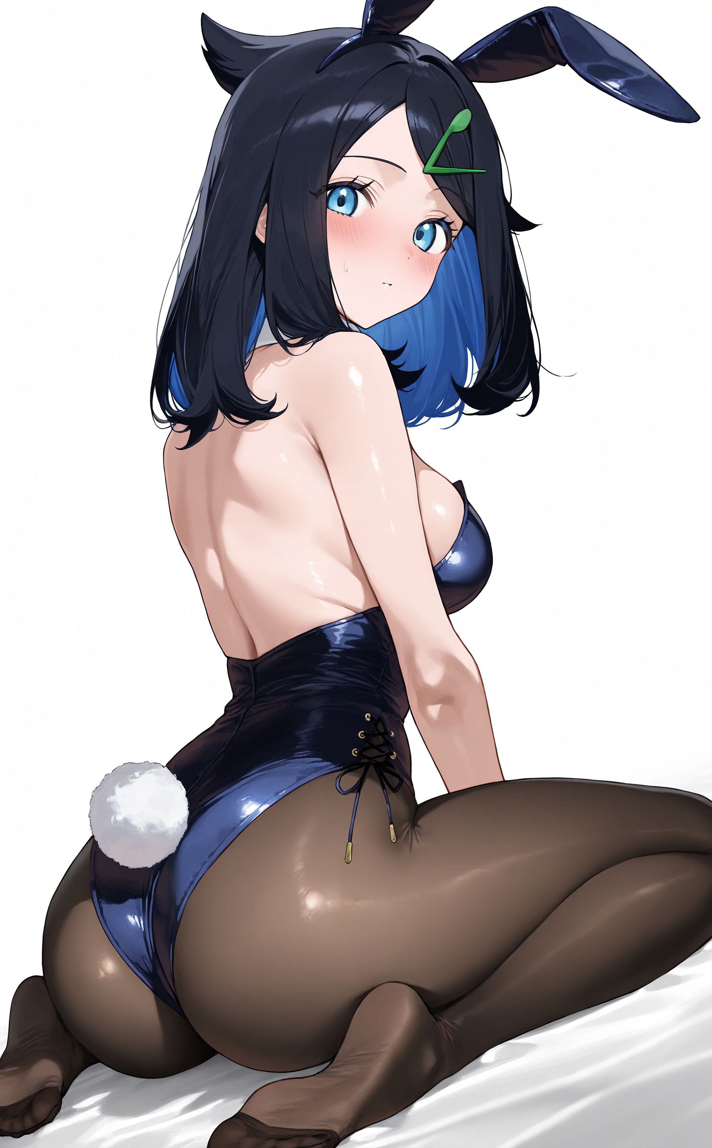 1girls, ai generated, ass, ass focus, bare shoulders, bed, black pantyhose, blue eyes, blue hair, bunny ears, bunny girl, bunny suit, bunnysuit, feet, female, female human, from behind, highres, human, human girl, indoors, kenken2022257, liko (pokemon), looking back, playboy bunny, pokemon, pokemon (anime), pokemon horizons, soles, toes