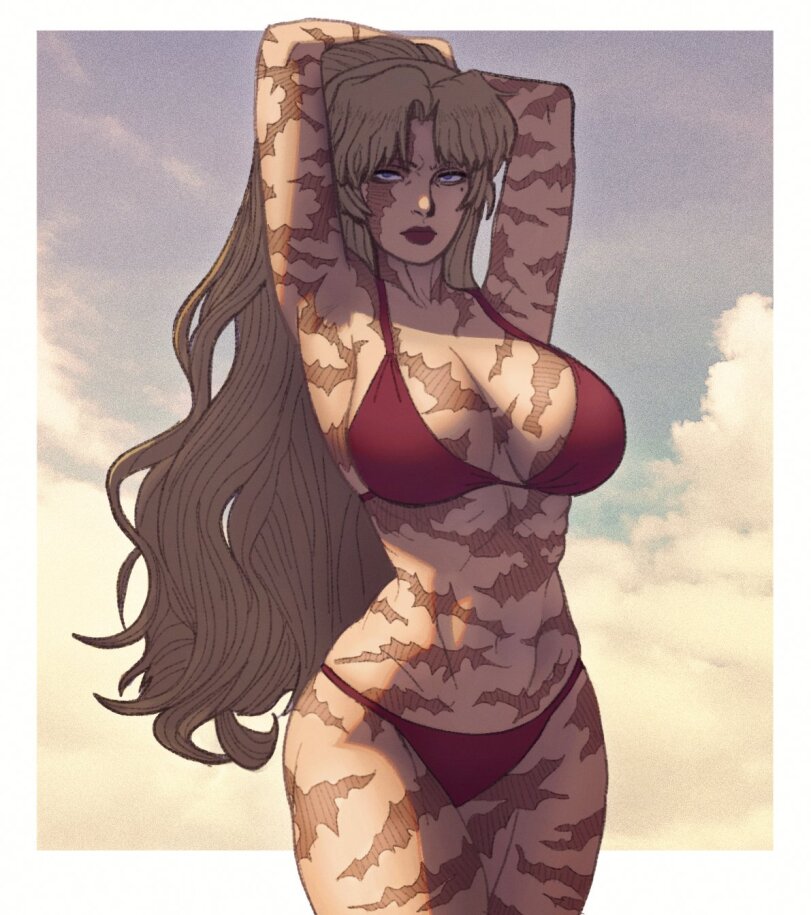 balalaika big_breasts bikini black_lagoon fat_breasts female flat_belly large_breasts mature_female scars_all_over solo swimsuit