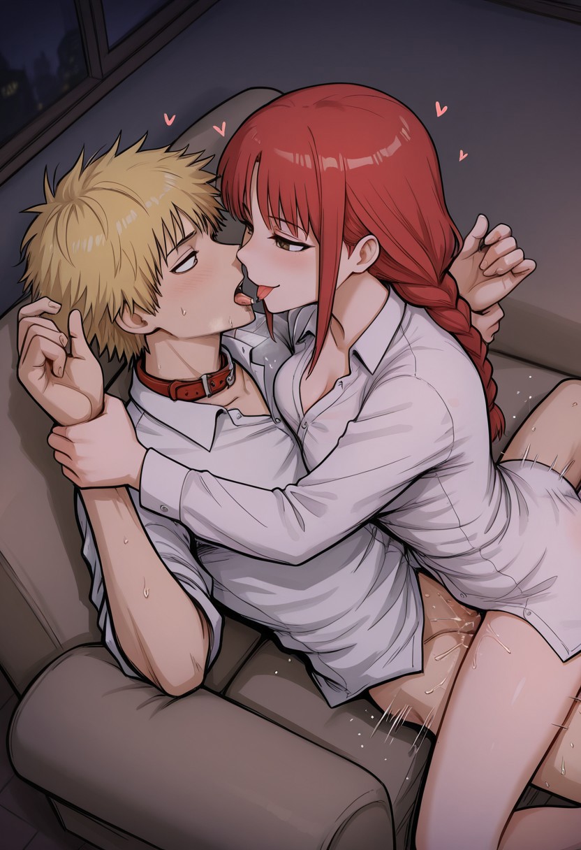 1boy 1boy1girl 1girls ai_generated blonde_hair braid chainsaw_man collar cowgirl_position denji_(chainsaw_man) digbyai dominant_female female female_on_top femdom gentle_femdom kissing kissing_while_penetrated makima_(chainsaw_man) red_hair straight