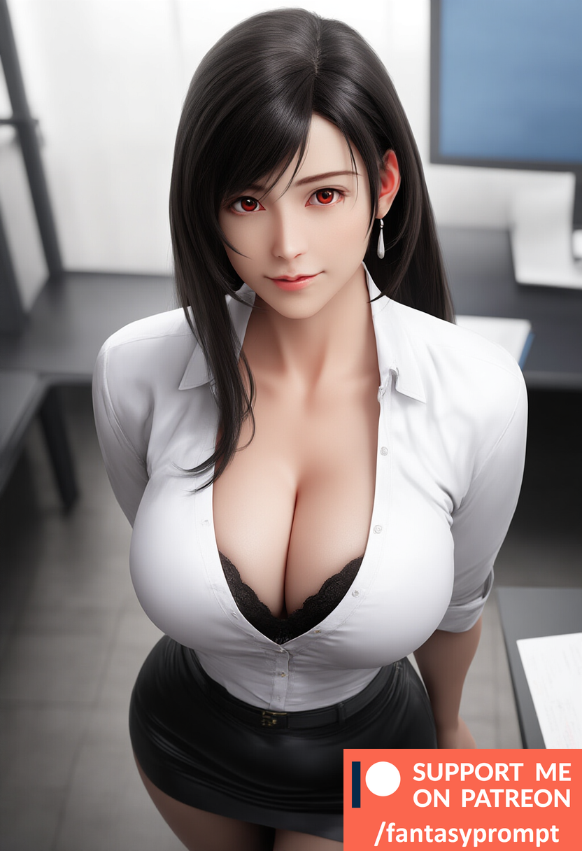 3d ai_generated black_hair cute fantasyprompt female female female_only final_fantasy huge_breasts long_hair office office_lady realistic red_eyes revealing_clothes tifa_lockhart