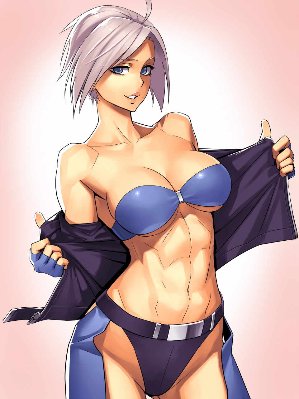 abs angel_(kof) bare_shoulders cleavage grin king_of_fighters muscular_female ogami open_clothes toned_female