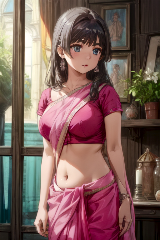 1girls ai_generated belly_button black_hair exposed_torso large_breasts light-skinned_female light_skin long_hair mature_female metal264 midriff navel red6161 saree sari