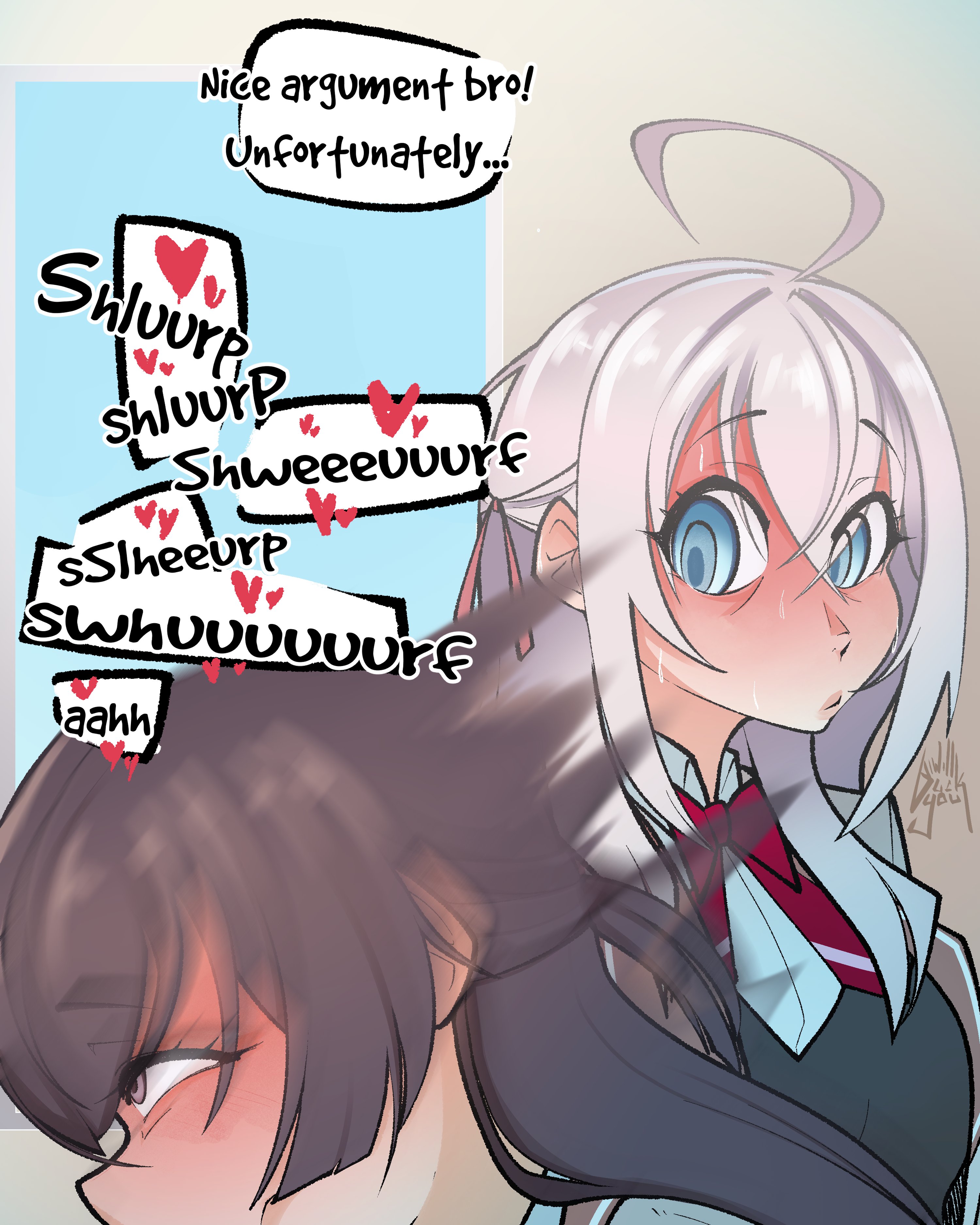 1boy, 2girls, ahoge, alisa mikhailovna kujou, asserting dominance, assertive female, blowjob, blush, brother and sister, buckyouall, english text, fair argument but..., fellatio, female, femdom, highres, implied fellatio, implied incest, implied oral, incest, iwillbuckyou, kuze masachika, light skin, light-skinned female, long hair, male, male/female, malesub, multiple females, multiple girls, onomatopoeia, school uniform, suou yuki, text, tokidoki bosotto russian de dereru tonari no alya-san