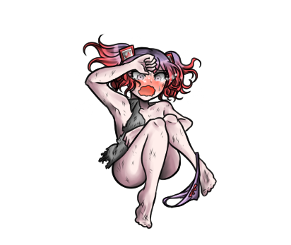 blush damaged_clothes damaged_clothing danganronpa danganronpa_another defeated fanganronpa female_only hatsune_miku_(cosplay) light_eyes official_art otonokoji_hibiki pink_eyes purple_hair red_hair sdra2 super_danganronpa_another_2 sweat tied_hair twintails underwear_down