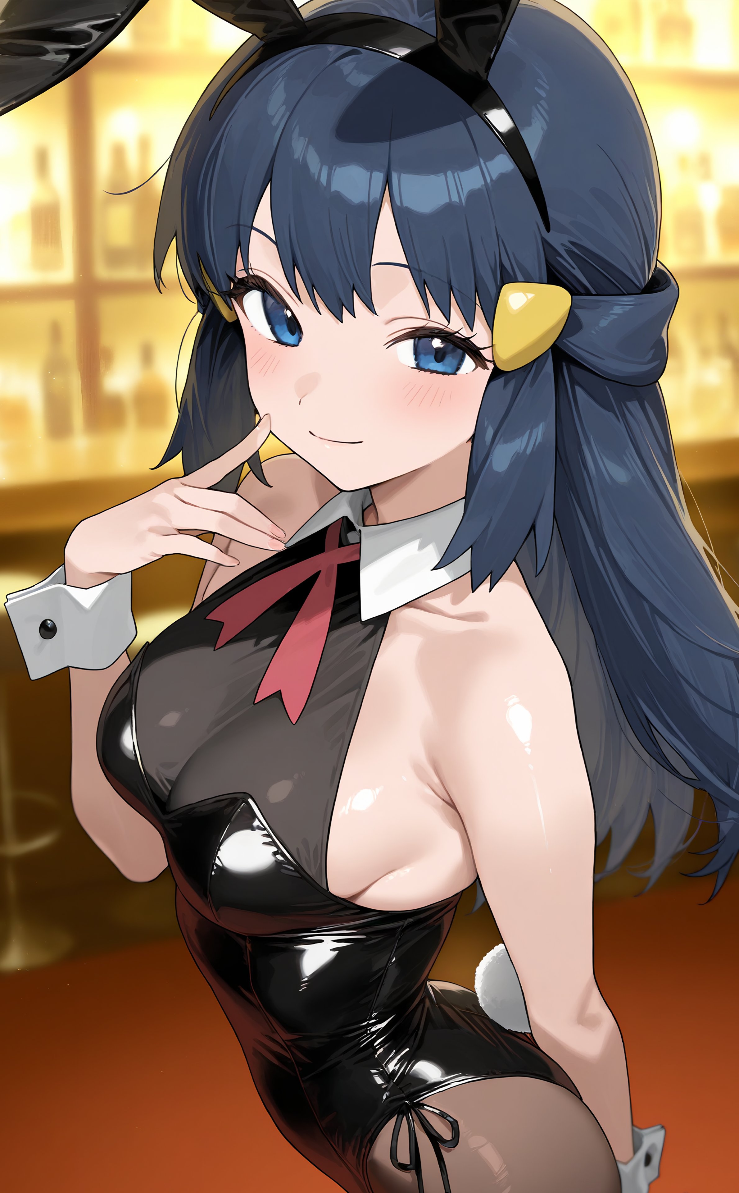 1girls, ai generated, black pantyhose, blue hair, bunny ears, bunny girl, bunny tail, bunnysuit, close-up, dawn (pokemon), female, female human, highres, human, human girl, kenken2022257, long hair, pantyhose, pokemon, pokemon trainer, upper body