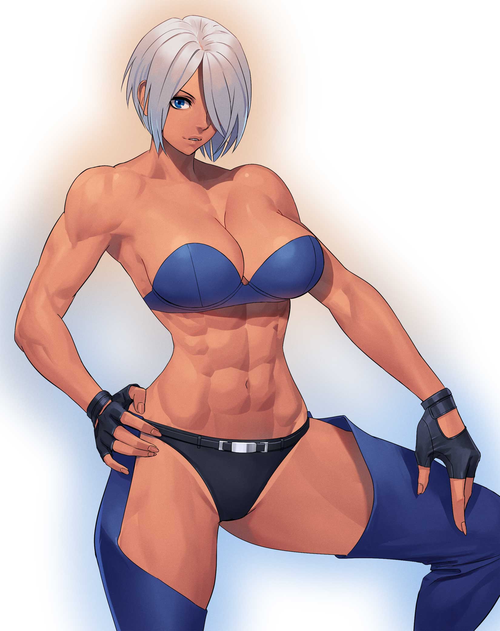 1girls abs angel_(kof) blue_bra blue_eyes chaps cleavage female female_only gloves hair_over_one_eye king_of_fighters muscular_female ogami solo solo_female standing underwear white_hair