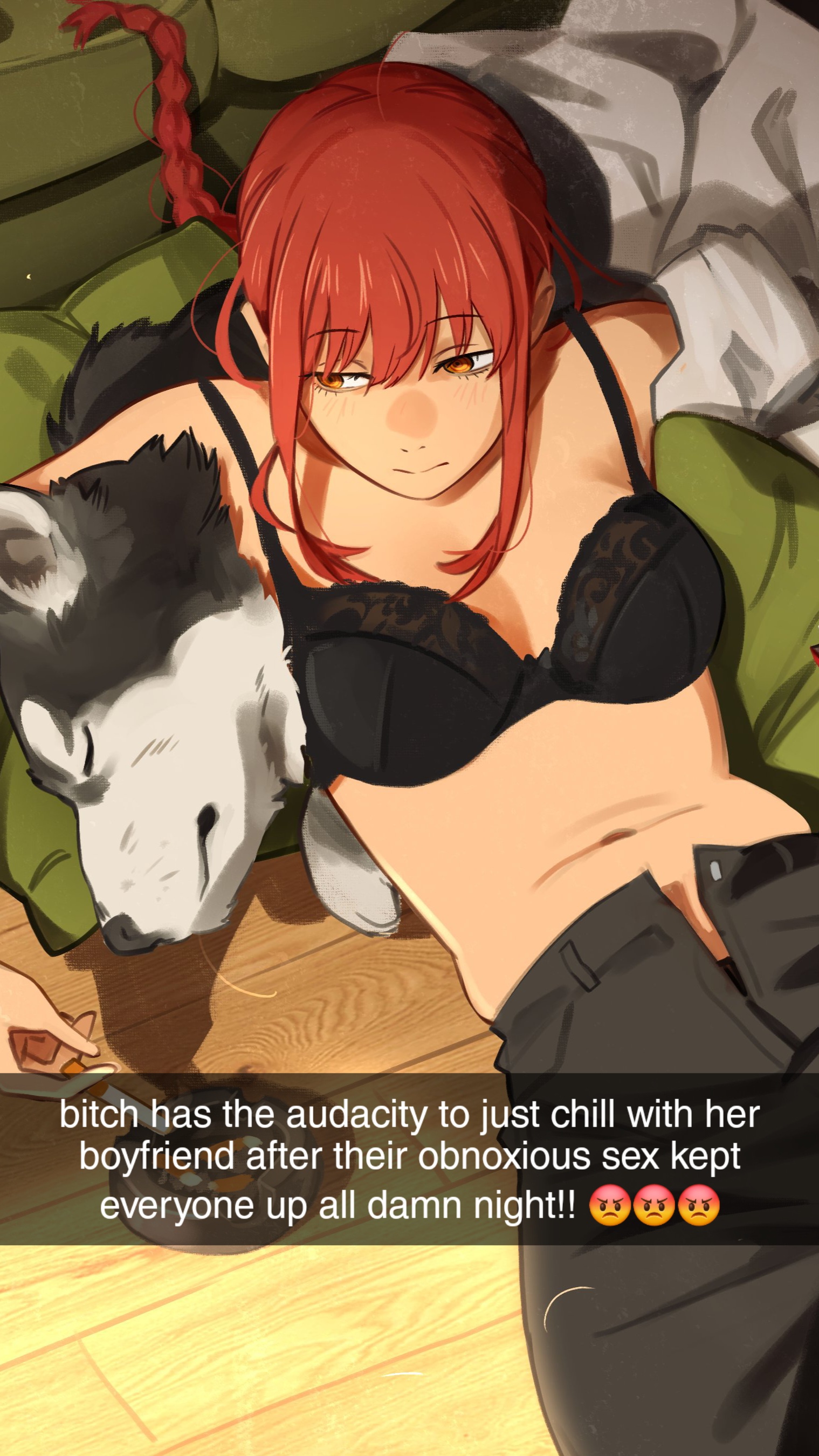 1boy, 1girls, after bestiality, after sex, bangs, black bra, blush, bra, braided ponytail, canine, canine on human, chainsaw man, cigarette, clothes, domestic dog, english text, female, female on feral, feral, feral on female, feral on human, fully clothed, human female, human on feral, husky, implied bestiality, implied sex, khyleri, kinkywinky69, light-skinned female, makima (chainsaw man), male, mascara, no penetration, questionable, red hair, red-haired female, relaxed expression, relaxing, snapchat, tired eyes, yellow eyes, zoophilia