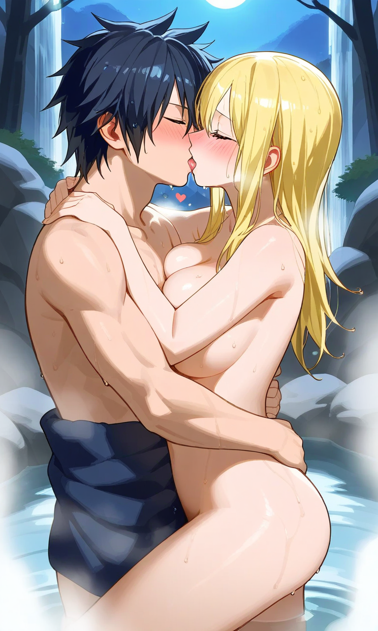 ai_generated blush fairy_tail gray_fullbuster imminent_sex kissing lucy_heartfilia waterfall