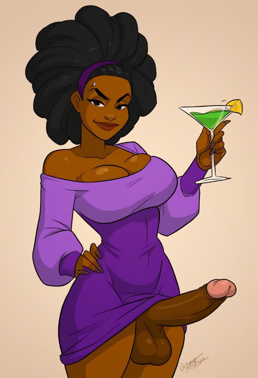 1futa 2d 2d_(artwork) aeolus06_(style) ai_generated balls big_balls big_breasts breasts civitai cleavage clothing cocktail_glass dark-skinned_futanari dark_skin dress futa_only futanari hairband holding_cocktail long_sleeve_dress milf_enjoyer off_shoulder_dress penis purple_dress raised_eyebrows simple_background solo solo_futa testicles thick_thighs