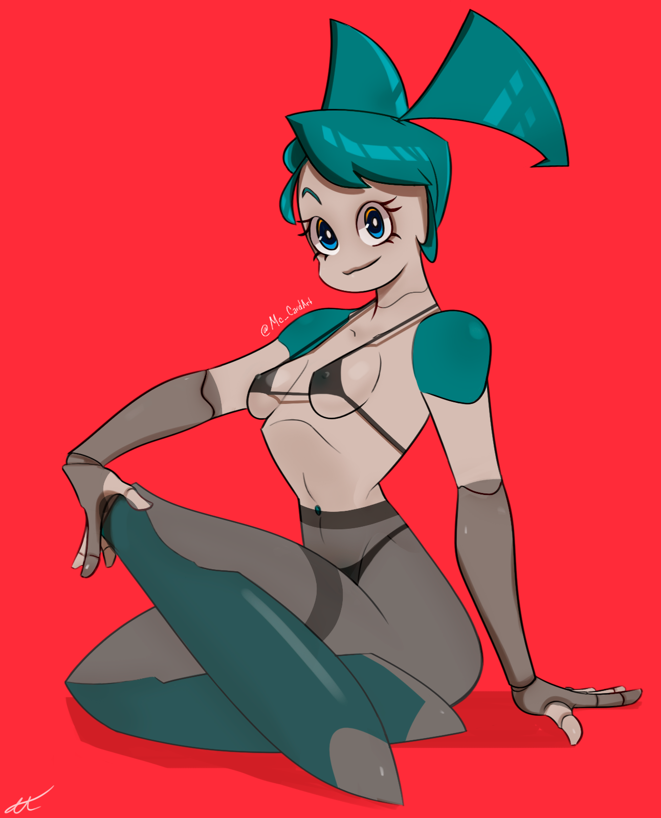 1girls, arm gloves, black bra, black panties, blue eyes, blue hair, bra, breasts, erect nipples, female, female only, fingerless gloves, hair up, hand on knee, jenny wakeman, long gloves, looking at viewer, micro bikini, my life as a teenage robot, navel, nipples, nipples visible through clothing, panties, pantyhose, pinup, plain background, pose, raised eyebrow, red background, robot, robot girl, short hair, sideboob, signature, sitting, small breasts, smile, solo, thin waist, thong, twintails, twitter username, wide hips