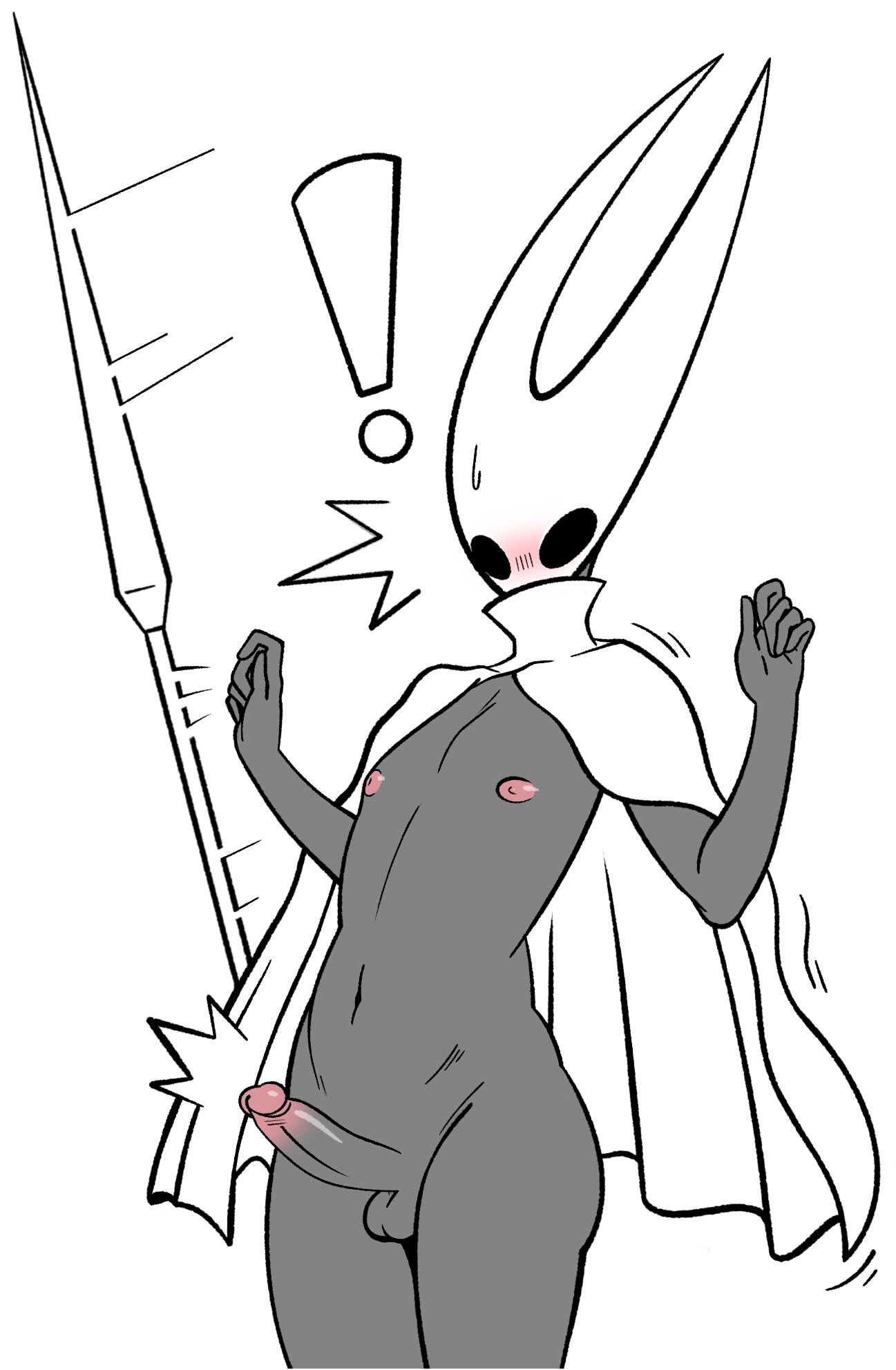!, 1boy, blush, bro aniki, female, female to male, femboy, ftm transformation, hollow knight, hornet (hollow knight), male, male only, mask, nipples, penis, shocked, solo, surprised, sweat, transformation, trap, weapon