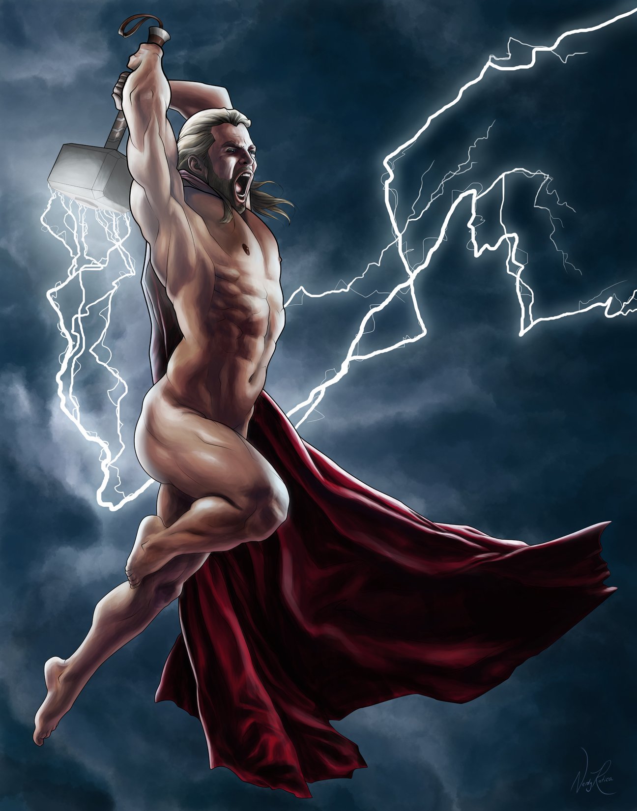 1boy cape chris_hemsworth god_of_thunder human human_only light-skinned_male light_skin lightning male male_only marvel marvel_cinematic_universe mjolnir muscular muscular_male nerdyrotica straight_hair thor_(marvel) thor_(series) weapon