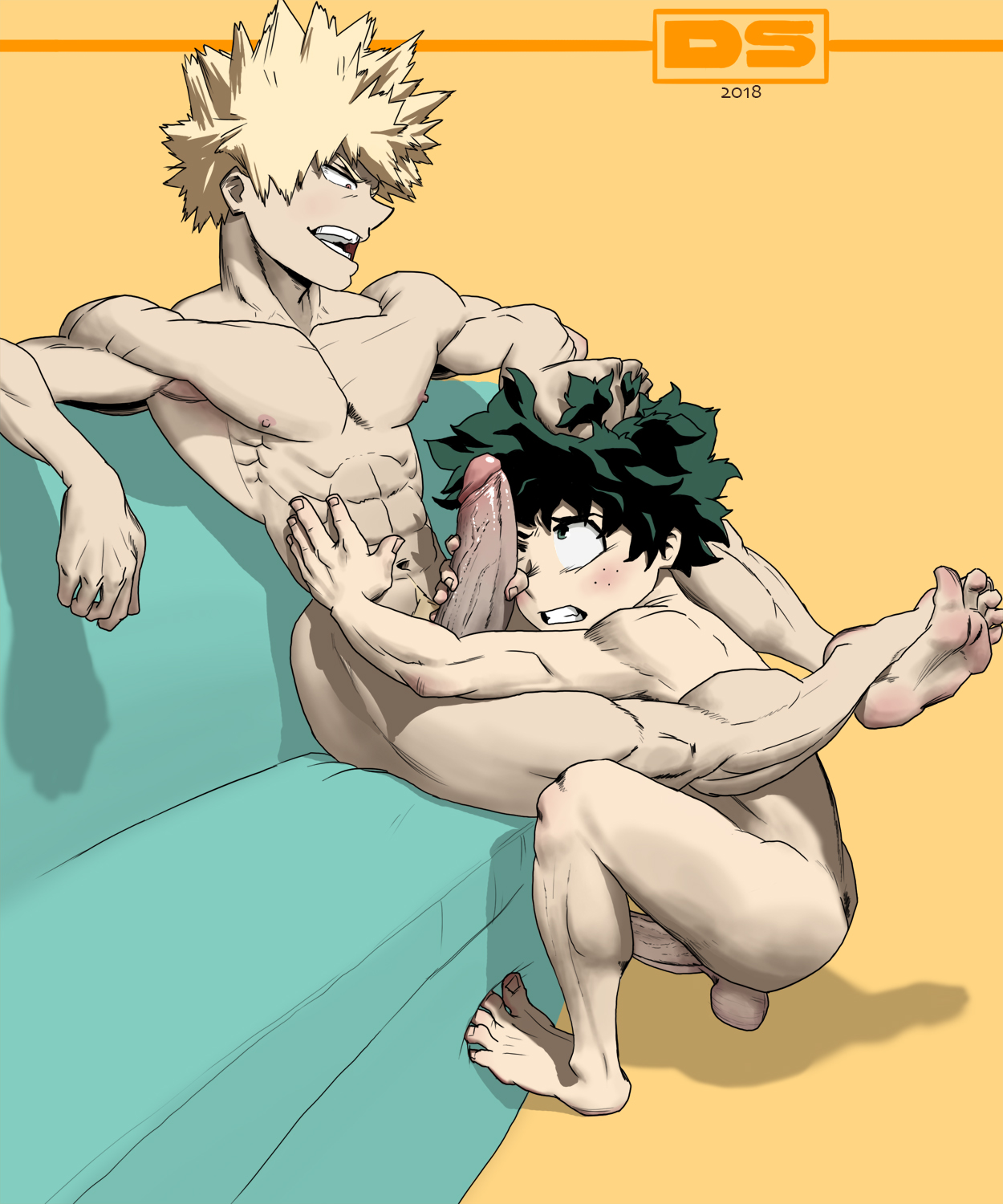 2boys, abs, ass, deadlyswallows, gay, green hair, izuku midoriya, katsuki bakugou, male, male only, muscles, my hero academia, penis, teenager, text, yaoi