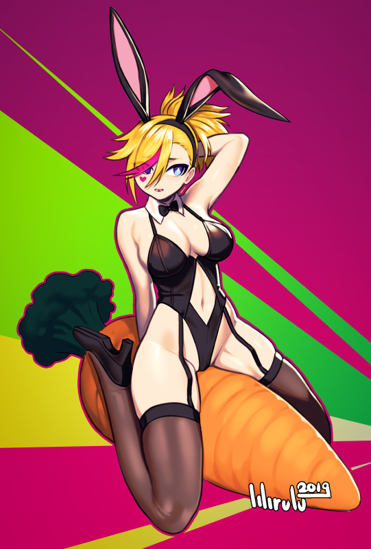 1girls 2019 abs alternate_costume arm_up armpits arms_behind_head belly big_breasts blonde_hair blue_eyes breasts bunny_ear bunny_ears bunny_girl bunny_tail bunnysuit carrot choker cleavage eye_contact fake_ears female female_only food hair_over_one_eye half-closed_eyes heart high_heels human large_breasts lilirulu lingerie looking_at_viewer midriff muse_dash navel pink_hair pose revealing_clothes ribbon rin_(muse_dash) shoes simple_background text thick_thighs thighhighs watermark wide_hips