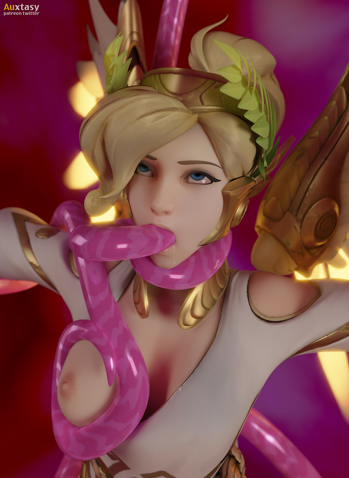 1girls, 3d, auxtasy, blender, breasts, female, mercy, oral, overwatch, saliva, saliva trail, solo, tentacle, tentacle rape, tentacle sex, tentacles