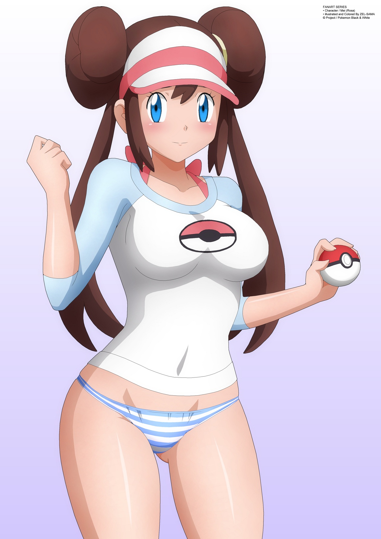 1girls, ass, belly, big breasts, blue eyes, blue panties, blue striped panties, blush, breasts, brown hair, brown-haired female, clothed, double bun, eye contact, eyelashes, female, female only, holding, long hair, looking at viewer, midriff, navel, nintendo, panties, poke ball, pokemon, pokemon bw2, purple background, rosa (pokemon), shirt, smile, solo, standing, striped panties, text, thigh gap, twintails, watermark, wide hips, zel-sama
