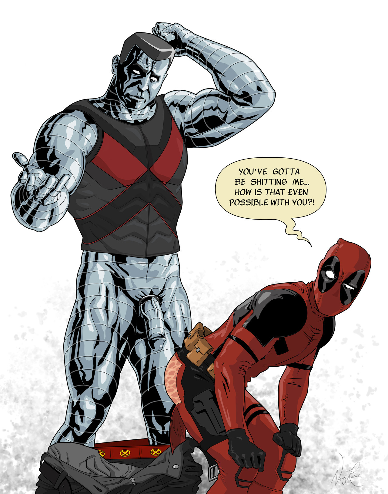 2boys, anal sex, ass, circumcised, color, colossus, deadpool, deadpool (film), digital media (artwork), erectile dysfunction, flaccid, funny, gay, humor, male, male only, male/male, marvel, marvel comics, nerdyrotica, penis, piotr rasputin, presenting, presenting hindquarters, speech bubble, superhero, wade wilson, white background, x-men, yaoi
