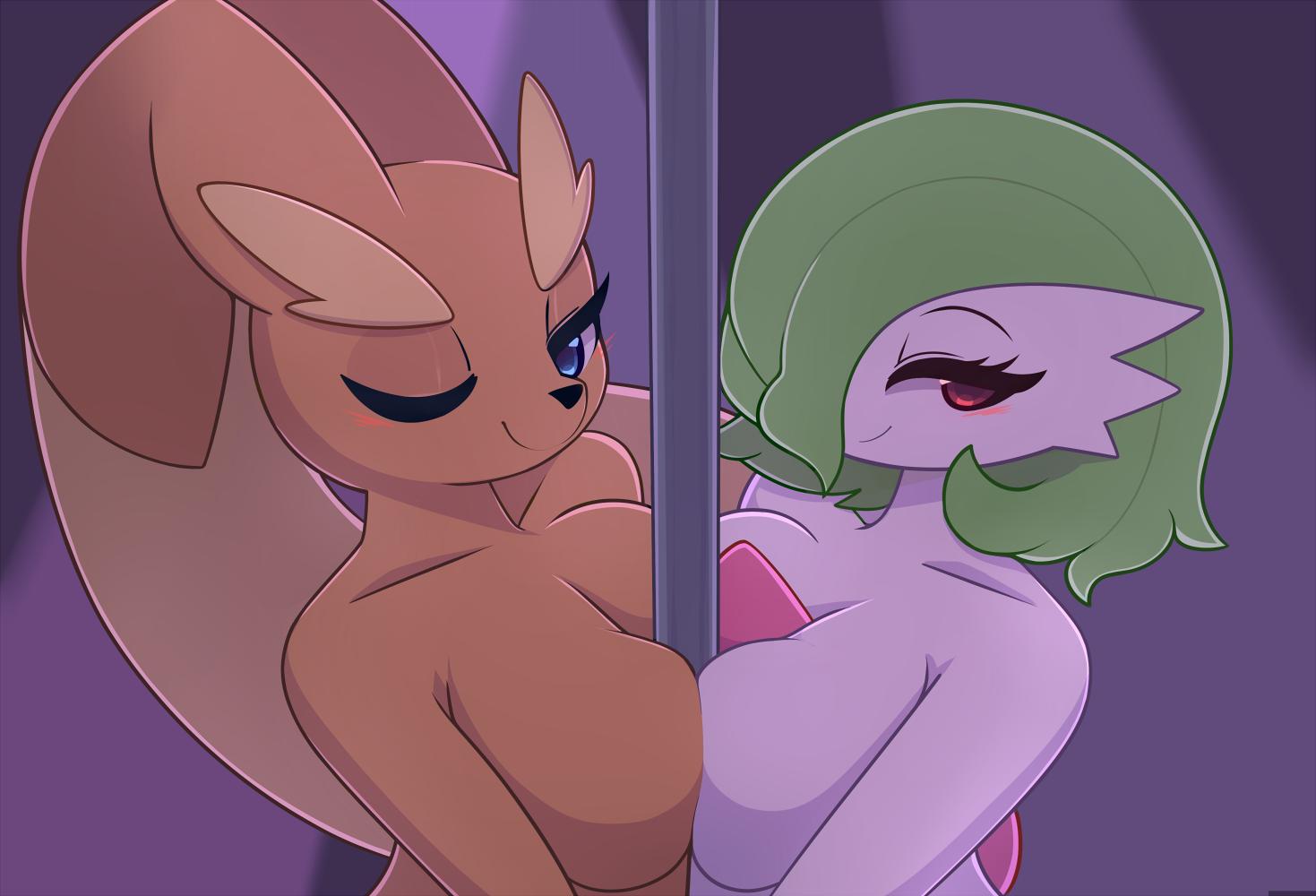 2girls, anthro, anthrofied, between breasts, big breasts, big ears, big eyes, blue eyes, blush, breast frottage, breasts, brown fur, cleavage, eye contact, eyelashes, female, female only, gardevoir, green hair, hair over one eye, half-closed eyes, lagomorph, large breasts, long ears, looking at viewer, lopunny, nintendo, nude, pink eyes, pinkcappachino, pokemon, pokemon (species), pokemon dppt, pokemon rse, pole, purple background, short hair, sideboob, smile, stripper pole, topless, white skin, wink
