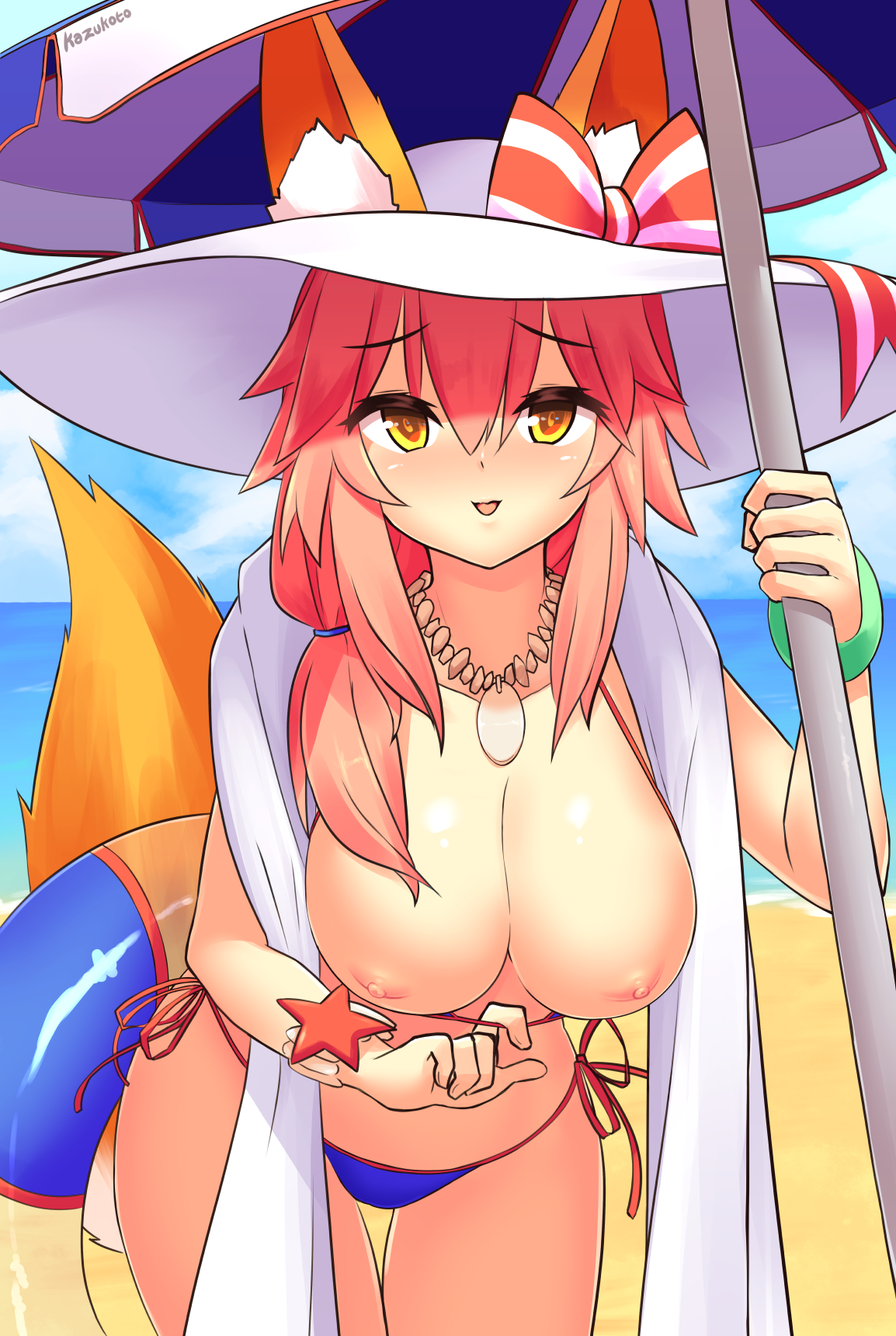 1girls, areolae, big breasts, bikini bottom, breasts, fate (series), fate/grand order, female, female only, fox ears, fox girl, fox humanoid, hair, hat, kazukoto, long hair, nipples, pink hair, solo, swimsuit, tamamo no mae (fate), tamamo no mae (swimsuit lancer), topless, video games, yellow eyes