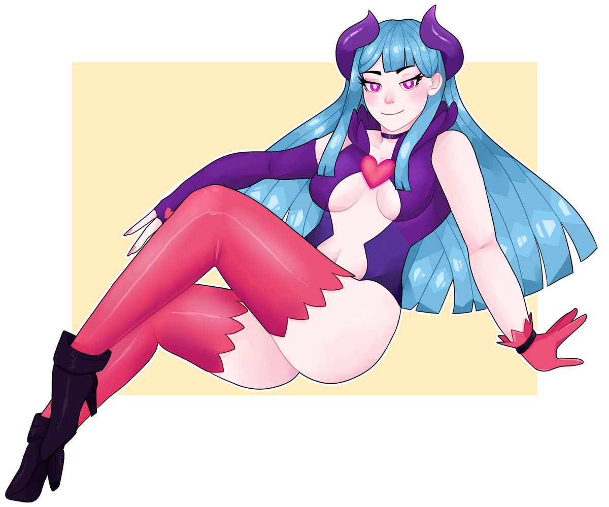 1girls alternate_costume artist_request ass belly blue_hair bodysuit breasts cleavage demon_horns eye_contact eyelashes gloves half-closed_eyes high_heels horns long_hair long_nails looking_at_viewer marija_(muse_dash) muse_dash nail_polish navel pink_nails pose purple_eyes shoes smile source_request succubus thick_thighs underboob white_border wide_hips yellow_background