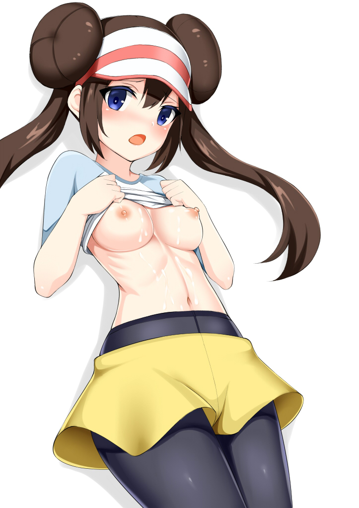 1girls abs areolae belly blue_eyes blush breasts breasts_out brown_hair clothed clothing cum cum_on_body cum_on_breasts double_bun exposed_breasts eye_contact female female_only hair hat looking_at_viewer navel nintendo nipples open_mouth pantyhose pokemon pokemon_bw2 ribs rosa_(pokemon) shadow shirt shirt_lift skirt small_breasts solo tongue toshishikisai twintails video_games white_background wide_hips yellow_skin