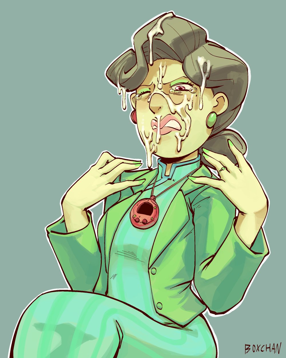 1girls, asian, asian female, black hair, box chan, clothed, clothing, cum, cum on face, disgusted, disney, female, mature female, milf, ming lee, mother, pixar, solo, turning red