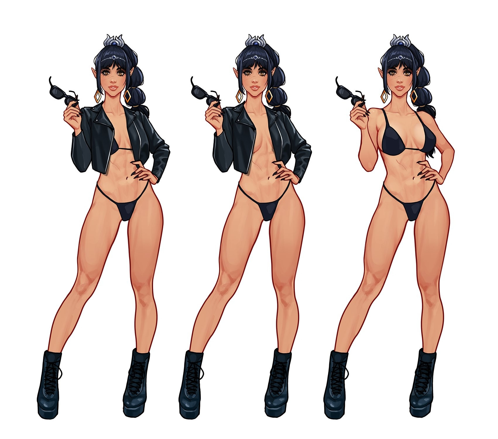 1girls, artwork (digital), baldur's gate, baldur's gate 3, black hair, boots, bra, braided hair, circlet, clothing, combat boots, earrings, elf female, female, green eyes, holding object, jacket, looking at viewer, minko, open jacket, outfit variant, panties, parted lips, pointy ears, shadowheart, solo, standing, sunglasses
