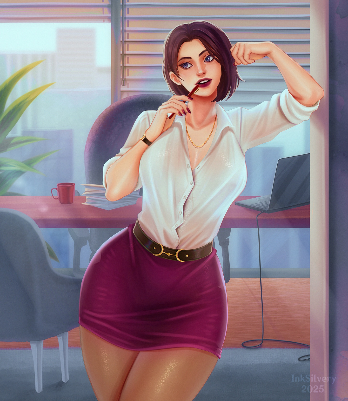 1girls, 2025, artist name, black hair, curvy, dc, dc comics, female, fully clothed, hips, inksilvery, light skin, light-skinned female, lois lane, miniskirt, nail polish, office lady, painted fingernails, painted nails, pen, pencil skirt, purple eyes, red nails, short skirt, skirt, small waist, superman (series)
