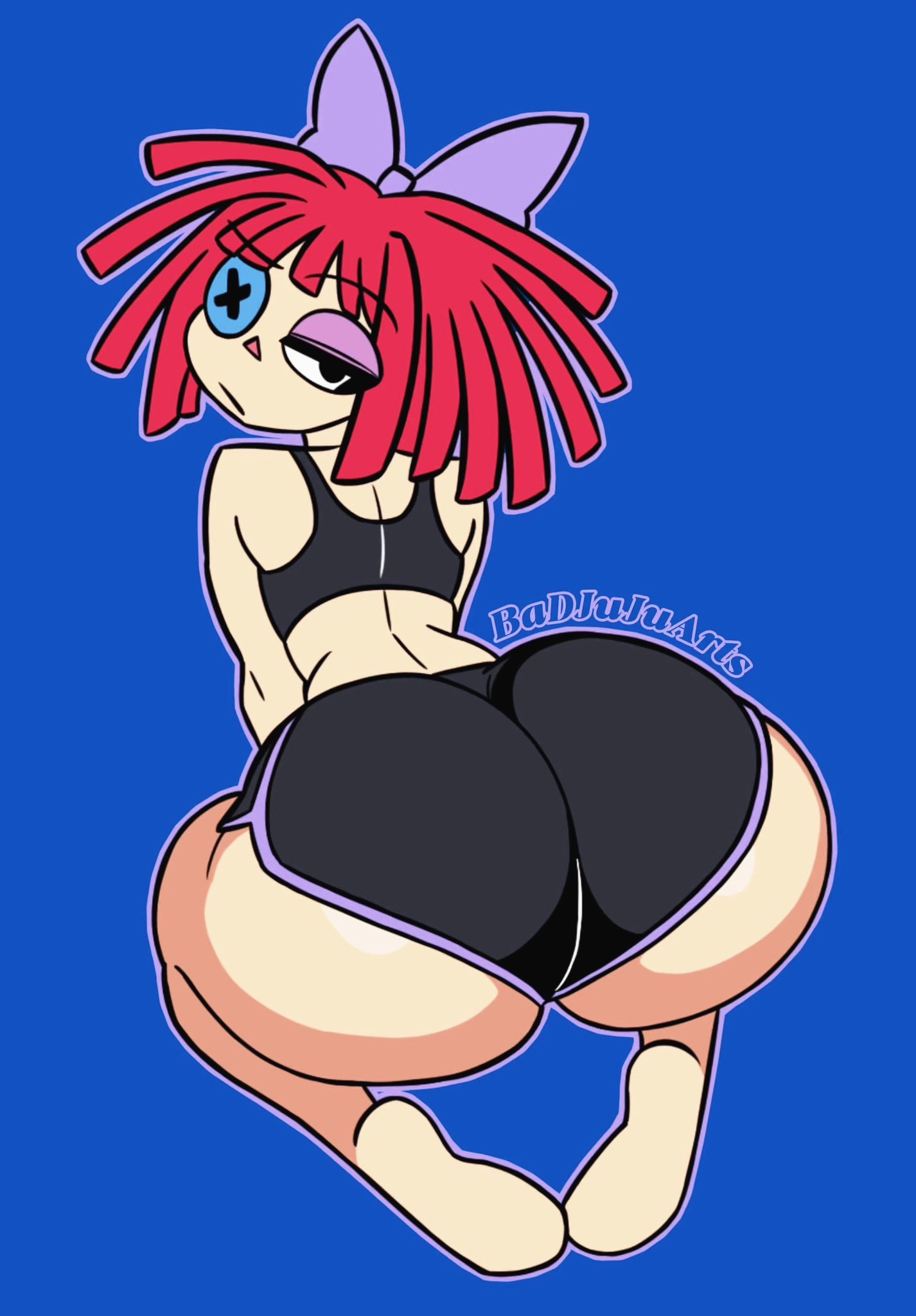 ass, ass focus, badjujuarts, big ass, booty shorts, bubble butt, clothed, clothing, disinterested, dolphin shorts, female, glitch productions, large ass, looking back, no background, ragatha (the amazing digital circus), red hair, shorts, simple background, solo, the amazing digital circus, watermark