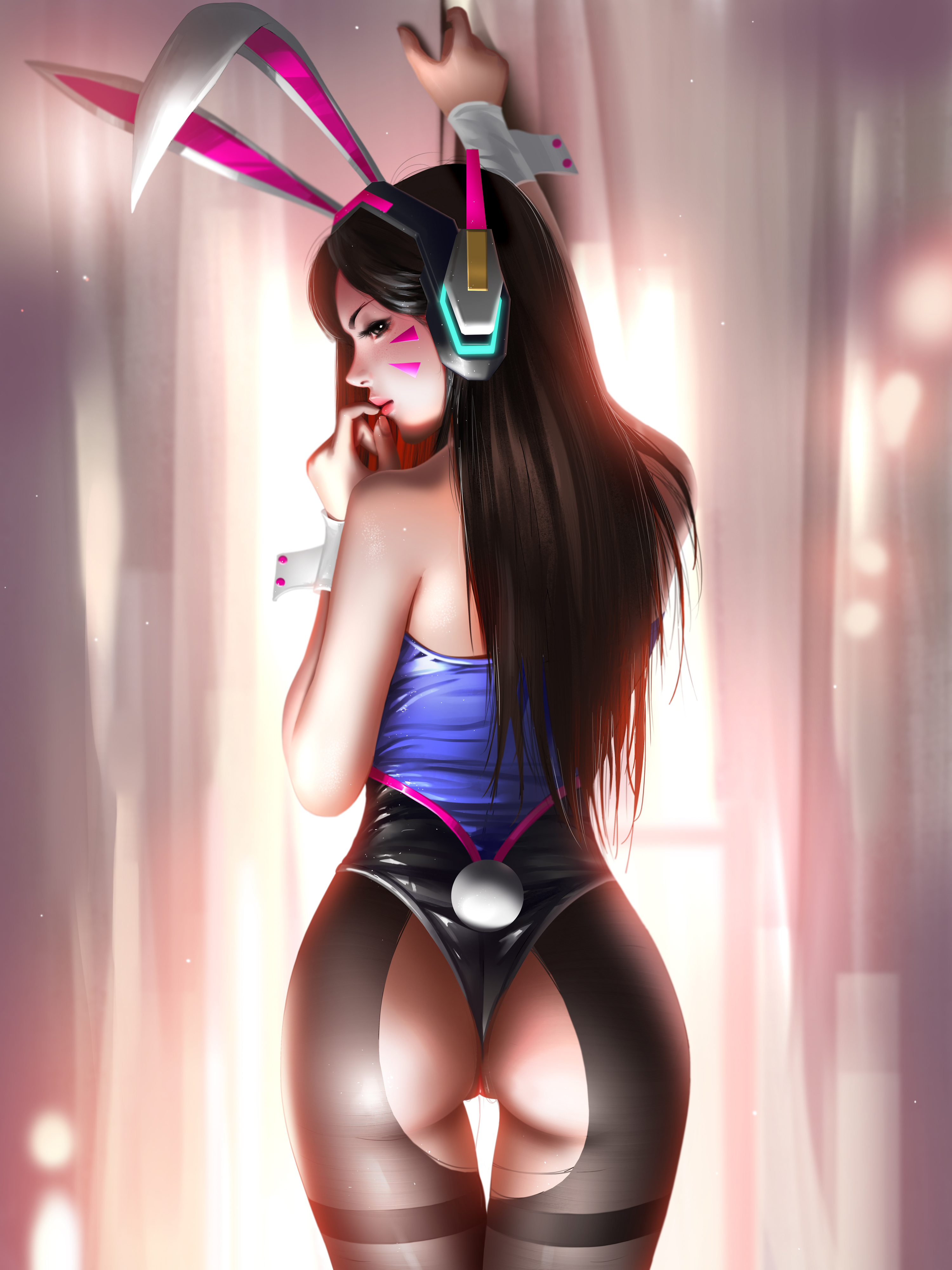 1girls, animal ears, ass, brown hair, bunny ears, bunny girl, bunnysuit, d.va, female, hi res, highres, leotard, liang xing, long hair, looking back, overwatch