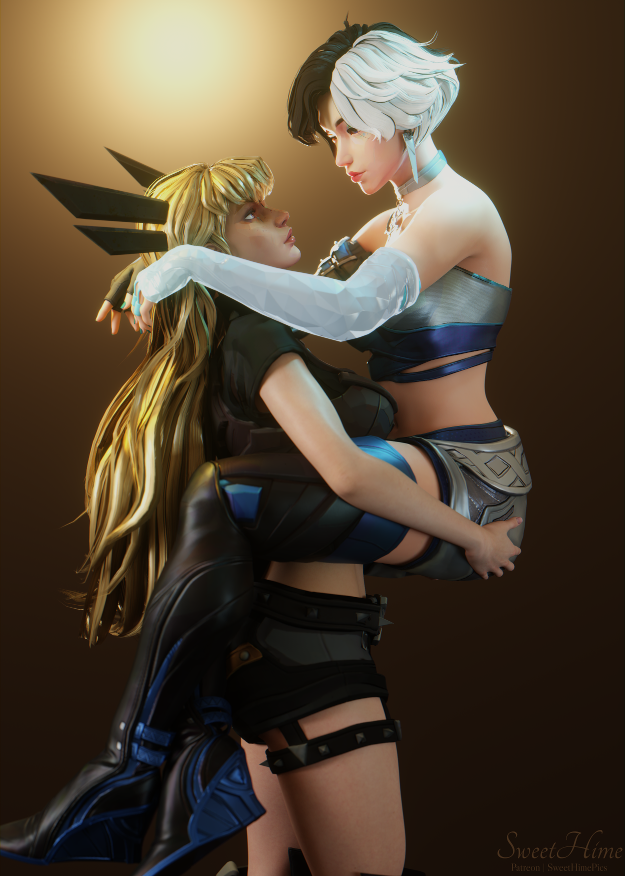 2girls, 3d, blonde hair, carrying, carrying partner, female, gloves, goth, horn jewelry, looking at another, luna snow, luna snow (marvel rivals), magik (illyana rasputin), magik (marvel rivals), marvel, marvel comics, marvel rivals, simple background, snowsword, sweethime, two-tone hair, yuri