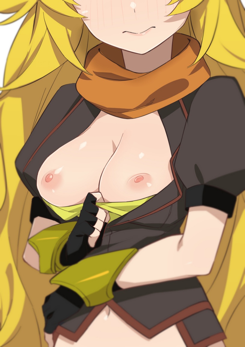 black gloves, blonde hair, blush, breasts, closed mouth, embarrassed, female, fingerless gloves, gloves, grey background, head out of frame, jacket, long hair, medium breasts, morisobo, navel, nipples, no bra, open clothes, orange scarf, puffy short sleeves, puffy sleeves, rwby, scarf, shirt, short sleeves, small breasts, solo, tubetop, very long hair, white background, yang xiao long