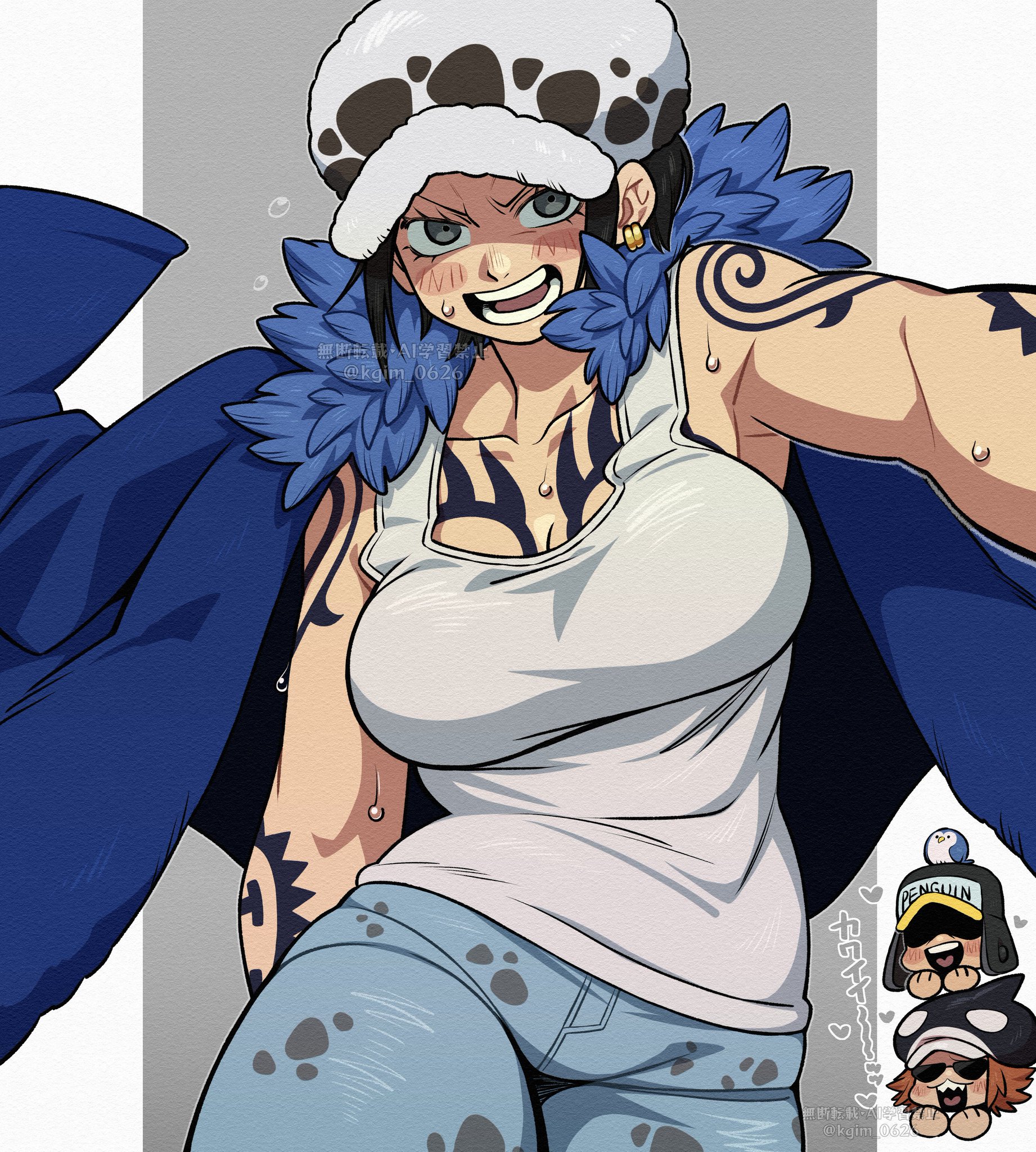 1girls, 2boys, big breasts, black eyes, black hair, breasts, canon genderswap, earrings, female, genderswap (mtf), gray eyes, hat, huge breasts, huge thighs, japanese text, male, one piece, penguin (one piece), rule 63, shachi (one piece), short hair, tattoos, text, thighs, trafalgar law, trafalgar law (female)