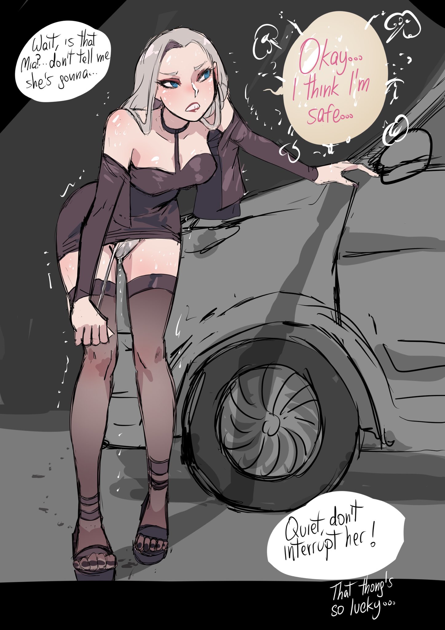 1girls, biku, black thighhighs, blue eyes, blush, breasts, car, english text, female, have to pee, mia (biku), original, panties, panty pull, panty pulled by self, shiny skin, solo, solo female, solo focus, speech bubble, stained panties, stained thong, sweat, text, text bubble, thighhighs, thong, underwear, wet, wet panties, wet thong, white hair, white panties, white thong, white underwear