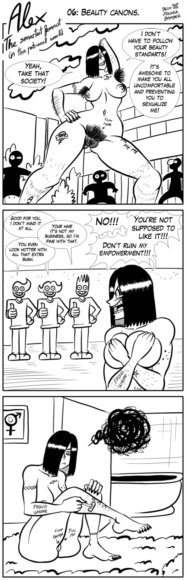 1girls, 3boys, alex (bluestrikerbomber), alex the smartest feminist in the patriarcal world, angry, annoyed, areolae, arm on hip, arm up, armpit hair, barefoot, bathroom, black hair, black nails, bluestrikerbomber, blush, blushing, body writing, breasts, carpet, comic, confident, covering breasts, curvy, dialogue, embarrassed, english text, erect nipples, feet, female, female focus, feminist, femsub, fully clothed, hair over eye, hair over one eye, hairy, hairy armpits, hairy arms, hairy legs, hairy pussy, highres, humor, indoors, large breasts, long image, looking at another, looking back, male, male with female, male with male, maledom, monochrome, multiple boys, multiple males, nails, navel, nervous, nipples, nude, one eye covered, open mouth, outdoors, pierced nipples, piercing, piercings, pubes, pubic hair, public, public exposure, public nudity, pussy, razor, sexually suggestive, shaving, shaving pussy, shiny hair, short hair, signature, sitting, smile, smiling, speech bubble, standing, surprised, tall image, tattoo, tattoos, tear, tearing up, teeth, text, thick thighs, thumbs up, title, tongue, white background, wide hips, worried