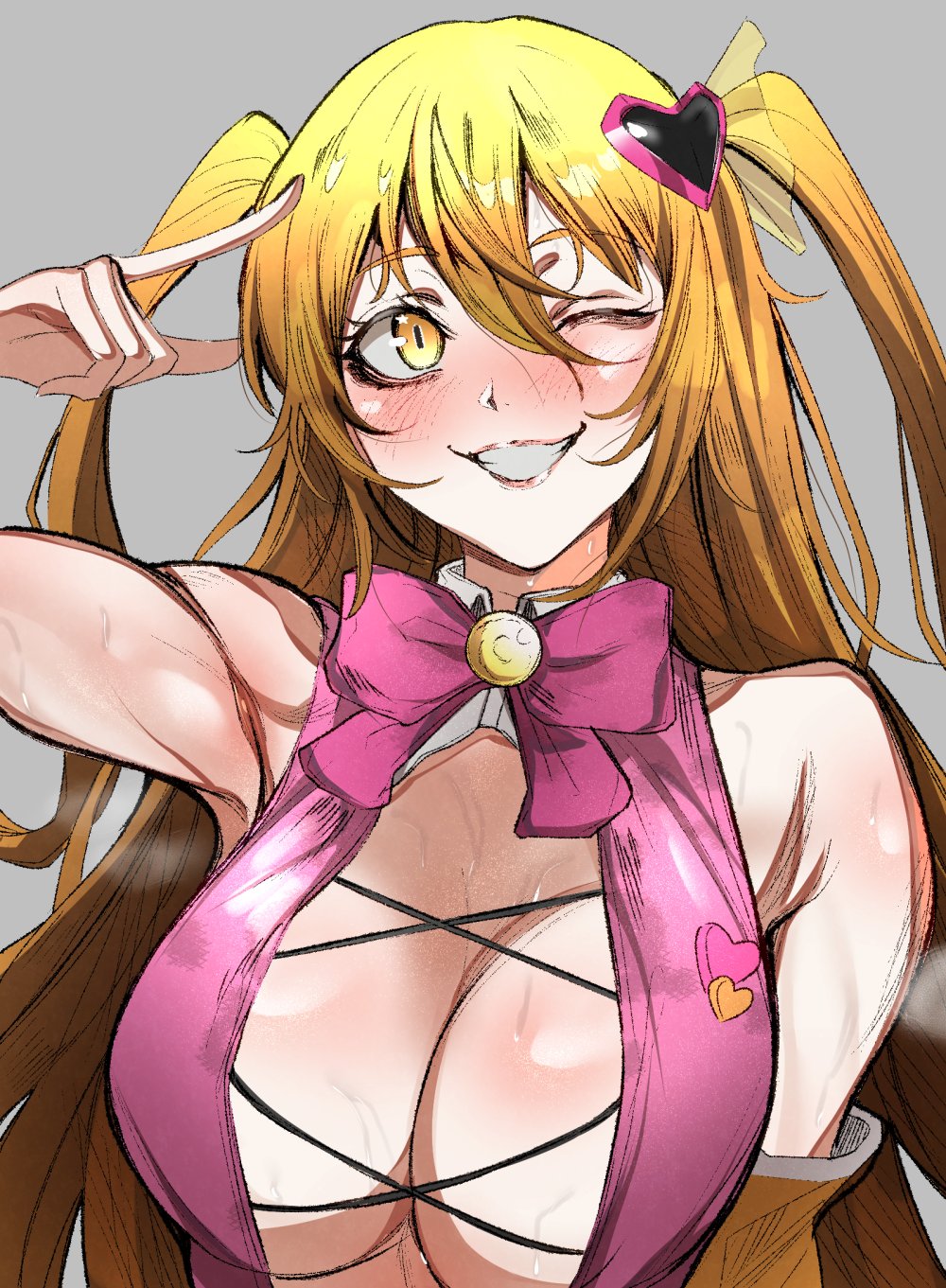 1girls, big breasts, blonde hair, blush, breasts, cleavage, don quixote (limbus company), e.g.o (project moon), female, heart, in the name of love and hate (e.g.o), large breasts, limbus company, long hair, looking at viewer, nb8c, no bra, partially clothed, possessed, possession, presenting, project moon, queen of hatred, smile, sweat, twintails, wink, yellow eyes