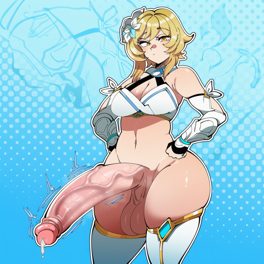 1futa ai_generated big_penis blonde_hair breasts futa_only futanari genshin_impact hoyoverse huge_cock light-skinned_futanari lumine_(genshin_impact) medium_breasts mullon novelai penis precum solo thick_thighs voluptuous voluptuous_futa voluptuous_futanari wide_hips