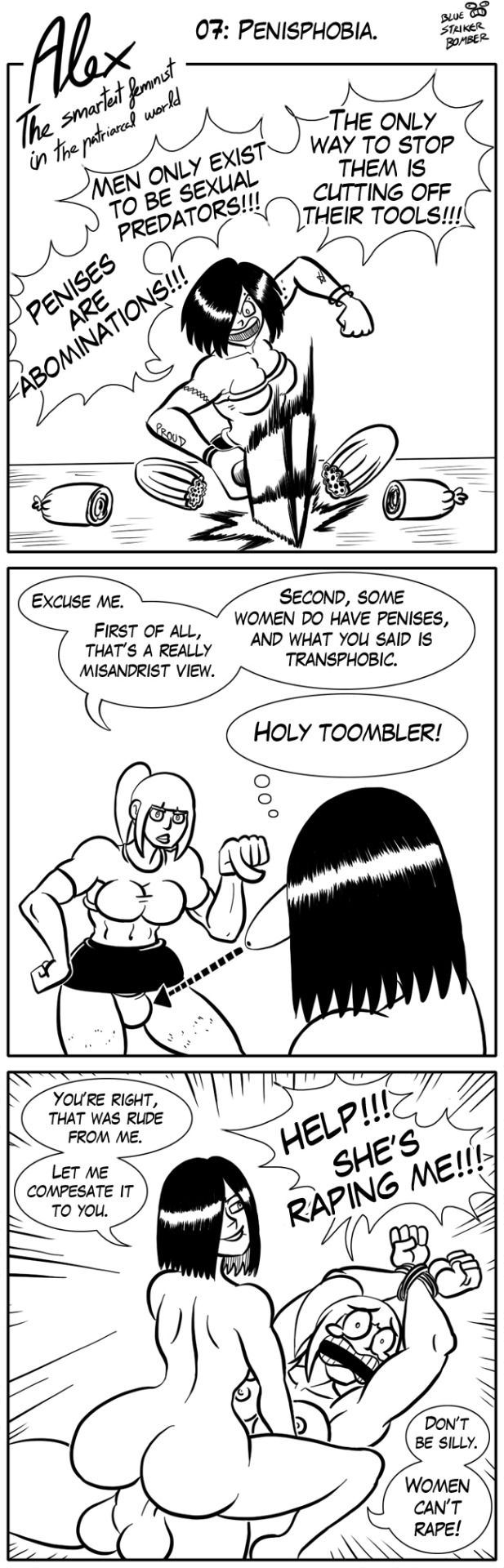 1girls alex_(bluestrikerbomber) alex_the_smartest_feminist_in_the_patriarcal_world angry annoyed areola areolae aroused ass back balls bangs biceps big_ass big_butt black_hair black_skirt bluestrikerbomber body_writing breasts bulge butt cleavage cleaver comic confident crop_top curvy dialogue english_text erection female female_focus feminist fully_clothed hair_over_eye hair_over_one_eye hairy_legs highres horny huge_ass huge_butt humor intersex intersex/female large_ass lips long_image looking_at_another medium_breasts miniskirt monochrome muscles muscular muscular_arms muscular_intersex naked navel nervous nipples nude one_eye_covered open_mouth panties penis pickle piercings ponytail rape reverse_rape sausage scared screaming shiny_hair short_hair sidelocks signature skirt smile smiling speech_bubble surprised tall_image tattoo tattoos tearing_up tears teeth testicles text tied tied_hands tied_up tied_wrists title top underwear white_background white_panties white_underwear wide_hips worried