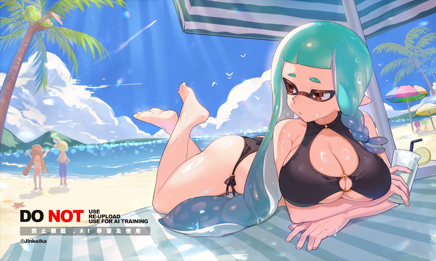 ass, beach, beach towel, bikini, breasts, feet, feet up, female, female focus, inkling, inkling boy, inkling girl, jinkoika, light skin, light-skinned female, looking at another, looking back, nintendo, soles, splatoon, splatoon 3, swimwear, twitter link